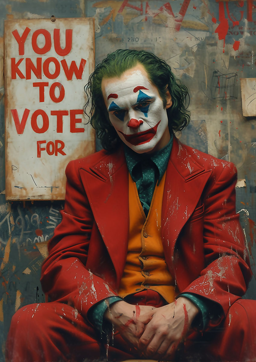 Dramatic artwork of a Joker style character in a vibrant red suit against a textured background.